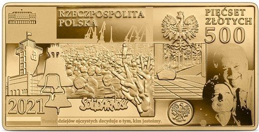 Awers monety 500-złotowej dedykowanej Lechowi Kaczyńskiemu z 2021 roku